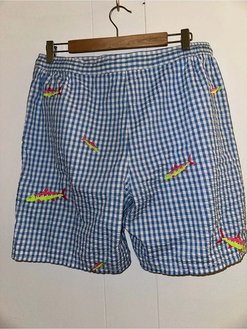 Vineyard Vines blue gingham and neon embroidered fish swim trunks